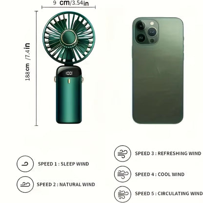Portable Mini Fan with 6 Speeds LED USB Rechargeable Charging Small Foldable Battery Fans Handheld Desk Bedroom Indoor Outdoor