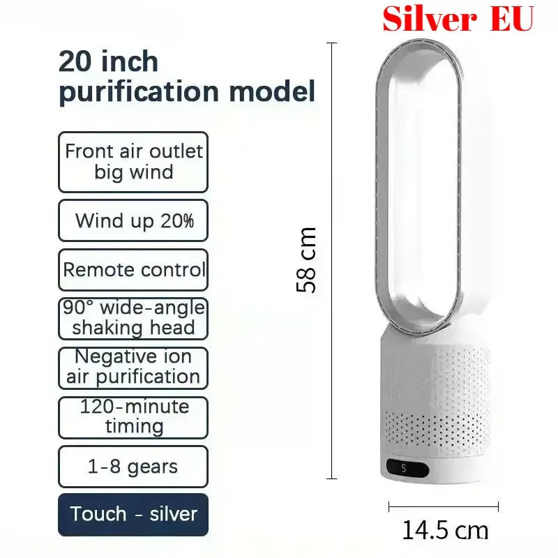8 Speed Smart Bladeless Tower Fan Intelligent Timer 90° Shaking Head Remote Control Quiet Fan for Bedroom Office Living Room