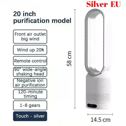 8 Speed Smart Bladeless Tower Fan Intelligent Timer 90° Shaking Head Remote Control Quiet Fan for Bedroom Office Living Room