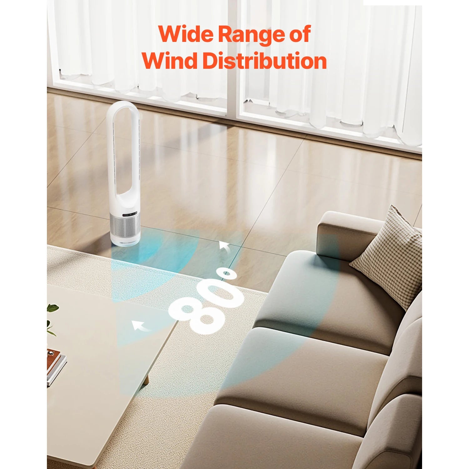 Tower Fan Bladeless 15.4Ft/S Velocity Floor Blows Cold Air 80° Oscillating 8-Speed Fans 8E Control & Air Purification Mode