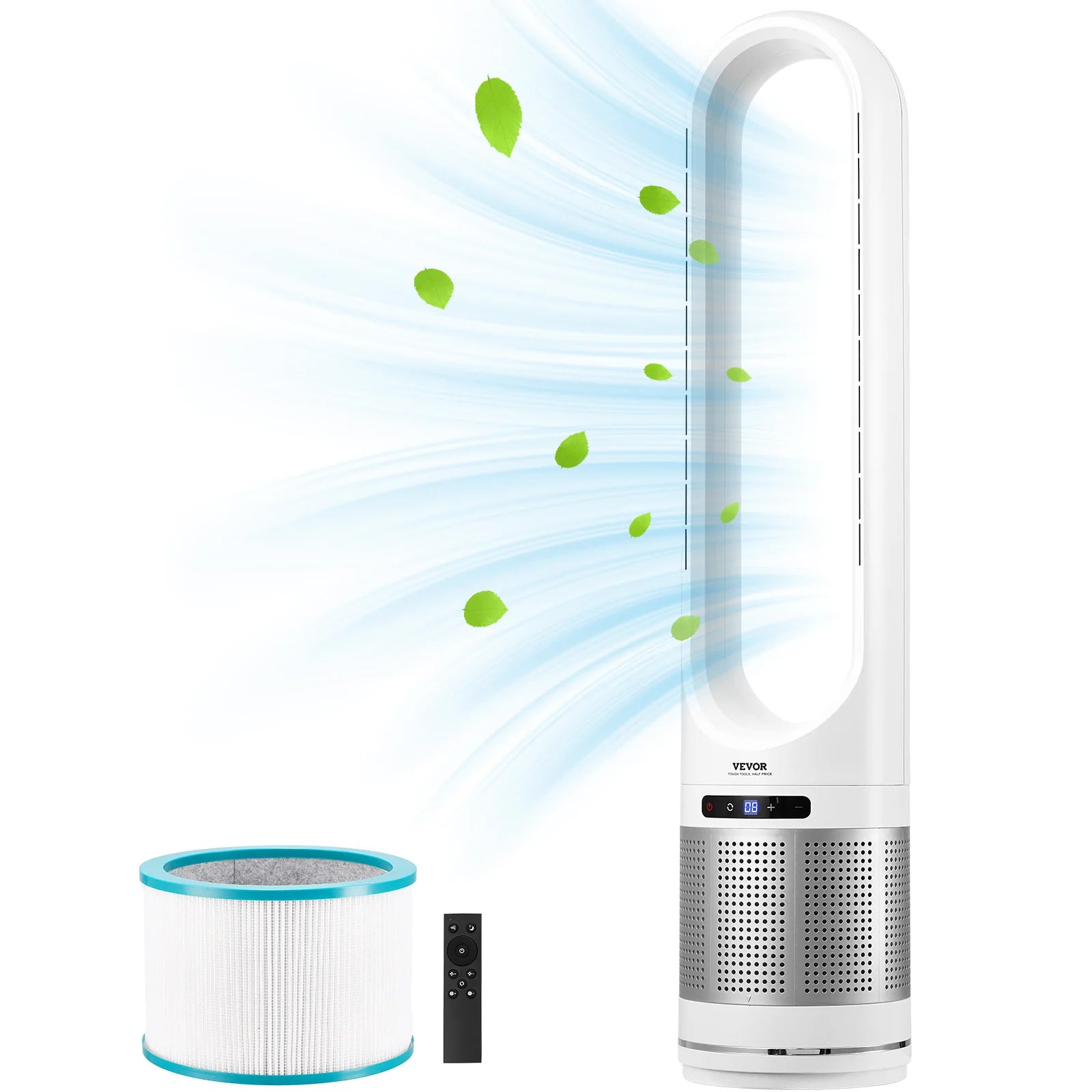 Tower Fan Bladeless 15.4Ft/S Velocity Floor Blows Cold Air 80° Oscillating 8-Speed Fans 8E Control & Air Purification Mode