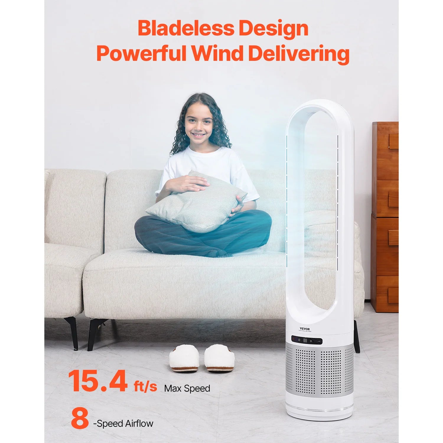Tower Fan Bladeless 15.4Ft/S Velocity Floor Blows Cold Air 80° Oscillating 8-Speed Fans 8E Control & Air Purification Mode